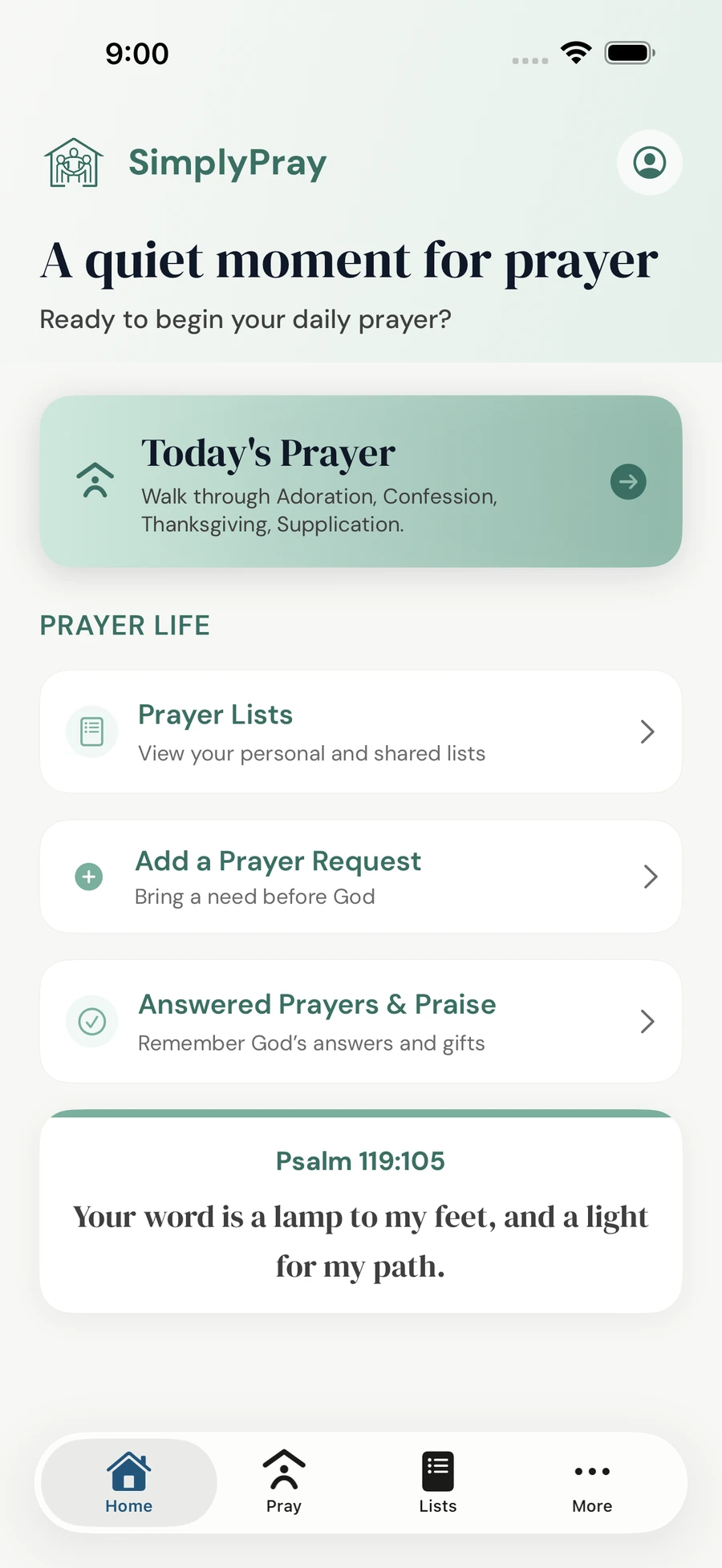 SimplyPray Home with Today's Prayer, Answered Prayers and Praise, and Home, Pray, Lists, More navigation