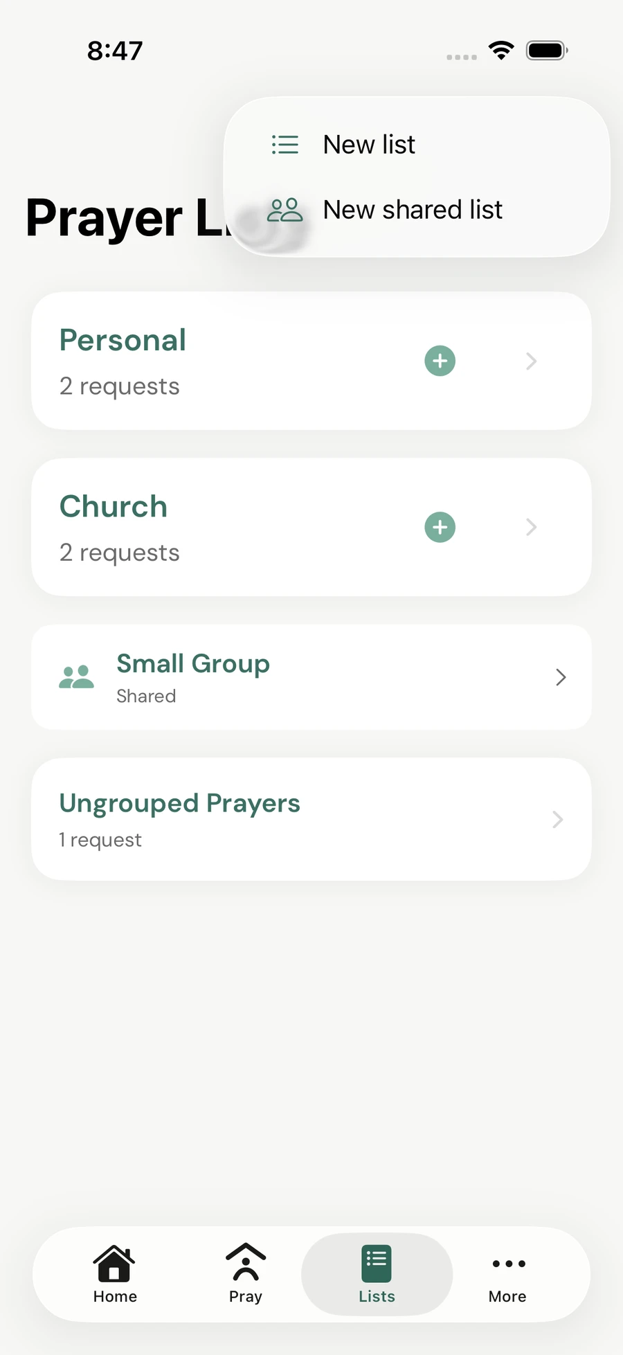 SimplyPray list menu opened with New list and New shared list options