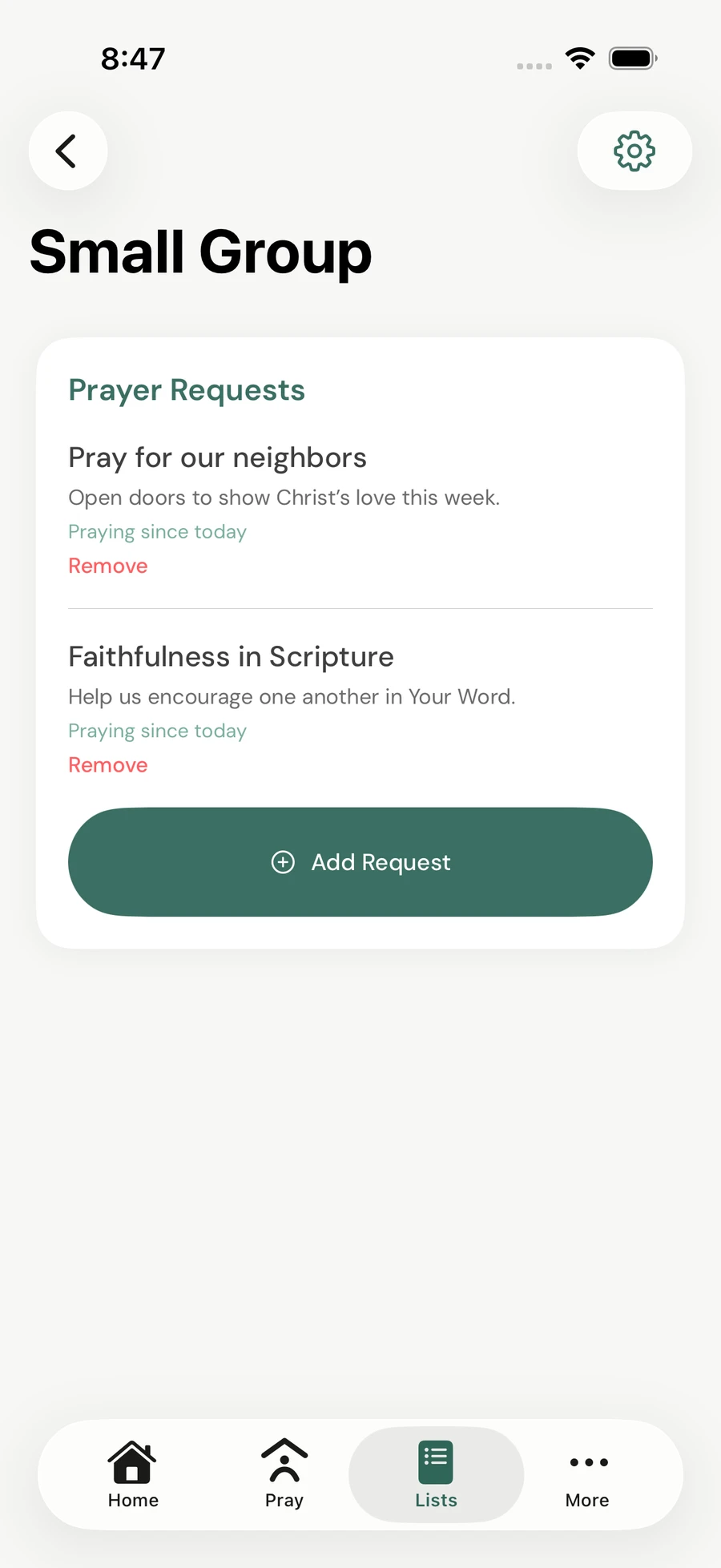 Fictional shared Small Group list with requests for neighbors and faithfulness in Scripture